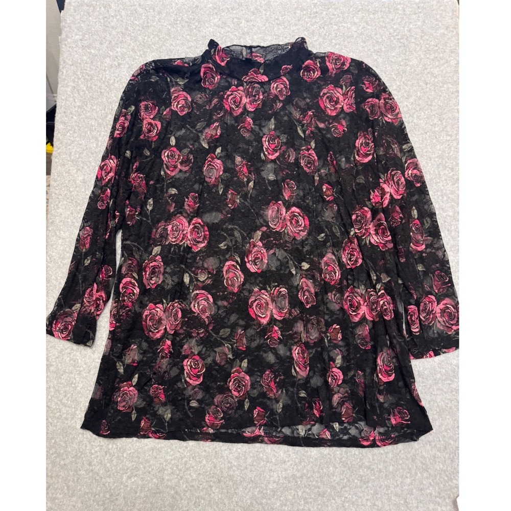 NWT Torrid Sheer Stretch Lace Mock Neck Top Sketched Roses Floral Black 5 5X